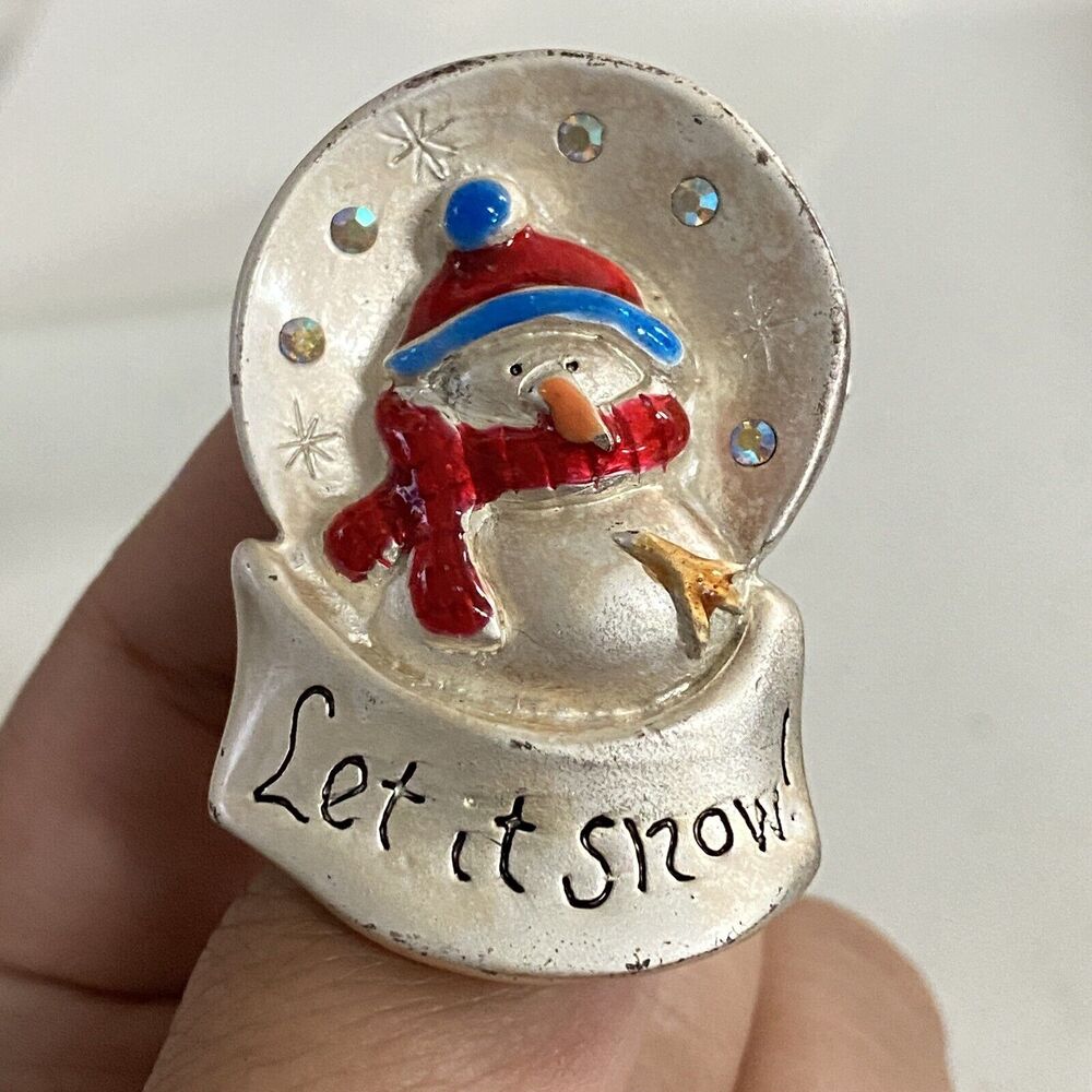 Vintage Christmas Pin Brooch Let it Snow Brushed SilverTone Snow Man Signed AJMC